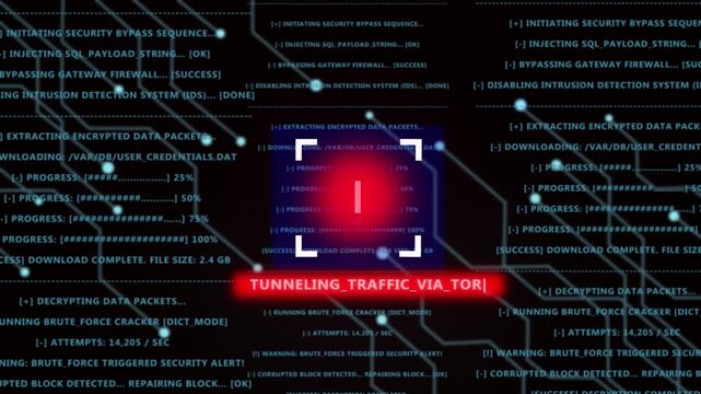 Advanced cyber security alert interface featuring tunneling traffic via tor network warning with digital data streams, encrypted protocol handshake logs, and system intrusion detection