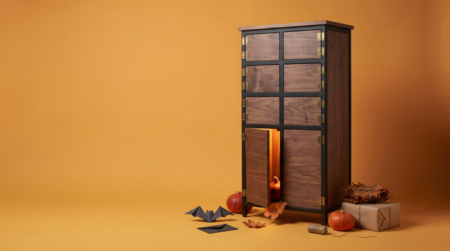 Vintage parcel locker with open door and scattered packages for delivery or storage