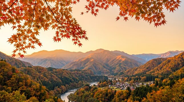 Autumn Leaves Season Gradient with Japanese Maple Branches and Glowing Golden Light over a Scenic Mountain Backdrop for Seasonal Background