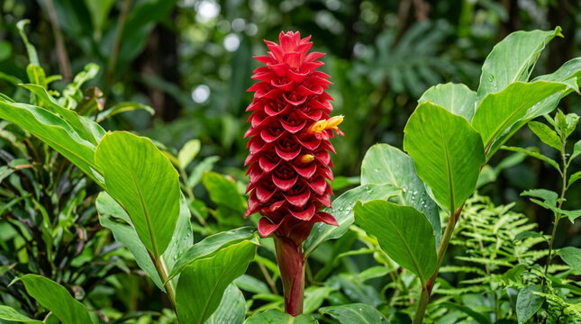 Vibrant red ginger flower with yellow accents in lush green tropical foliage