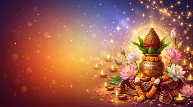 Luxurious Diwali Gradient Banner with Sacred Kalash, Lotus Flowers, and Sparkling Golden Lights for Hindu Festival Celebration and Spiritual Decor