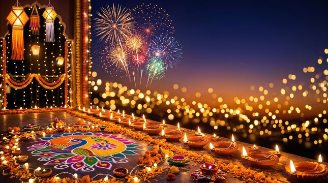 Vibrant Diwali Background with Illuminated Diyas, Colorful Rangoli, Golden Bokeh and Fireworks, Festive Indian Celebration Header with Copy Space