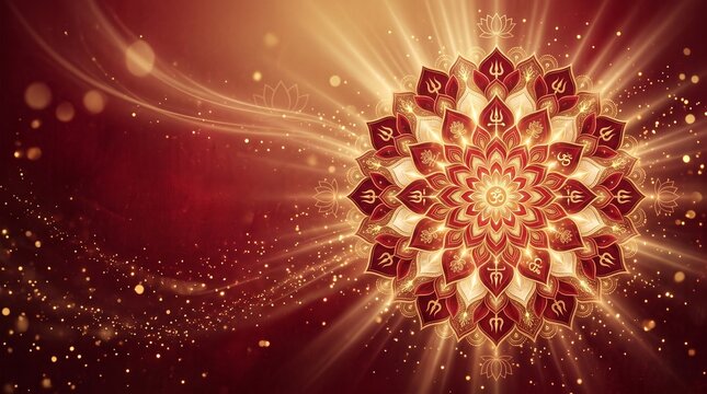 Durga Puja Abstract Crimson and Gold Mandala Texture with Glowing Sacred Light Rays, Lotus Petal Patterns and Divine Spiritual Particles