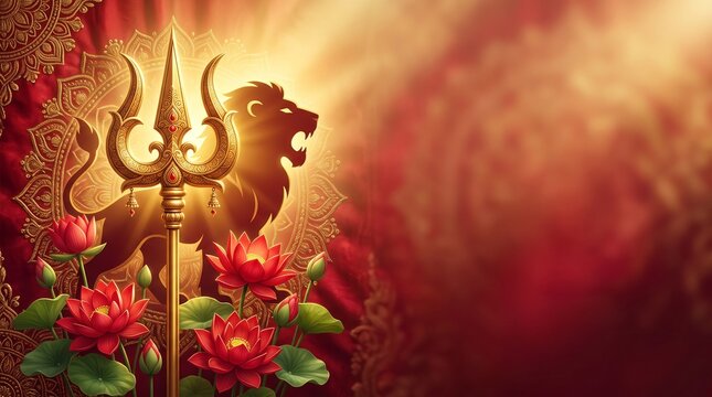 Divine Durga Puja Illustration Featuring a Golden Trishul Trident, Lion Silhouette, Blooming Red Lotus Flowers, and Traditional Bengali Mandala Patterns