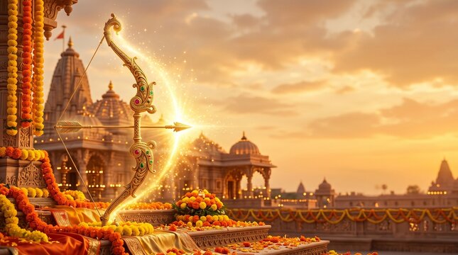 Dussehra Celebration with Golden Bow and Arrow, Radiant Victory Light, Sacred Marigold Flowers, and Royal Temple Ornaments under a Glowing Autumn Sky