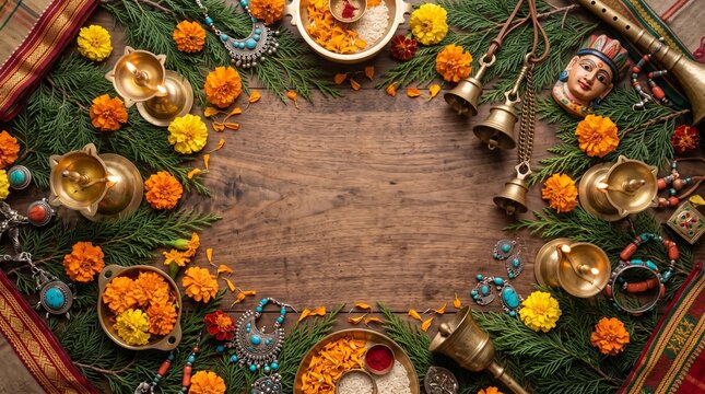 Kullu Dussehra Festival Arrangement with Cedar Branches Marigold Flowers Brass Lamps Temple Bells and Traditional Himalayan Ornaments Top View