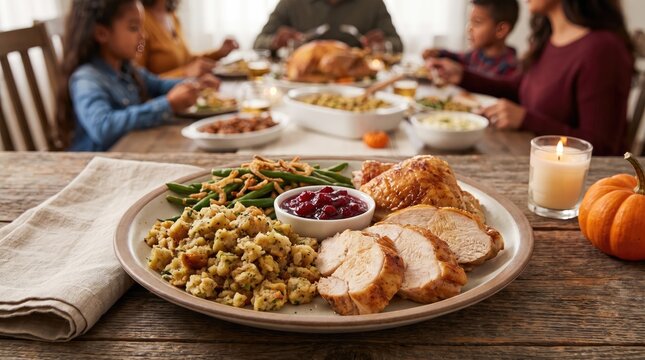 A delicious thanksgiving dinner plate featuring roasted turkey slices stuffing and green beans for the holiday celebration