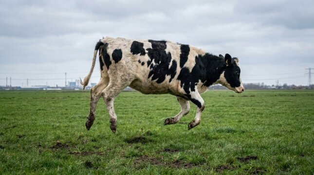 Black and white cow jumping in a green field under a cloudy sky.