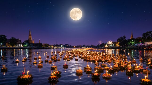 Traditional Loy Krathong Festival in Thailand Featuring Floating Baskets with Candles and Orchids on River Water at Night with Temple Silhouette