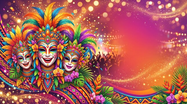 Colorful MassKara Festival Banner with Smiling Masks, Tropical Patterns, and Golden Bokeh for Bacolod Carnival Celebration and Cultural Event