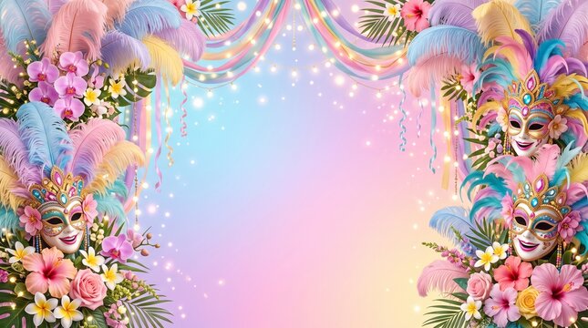 Elegant MassKara Festival Composition featuring Pastel Gradient Mask, Feather Ornaments, Floral Decorations, Colorful Streamers, and Sparkling Lights