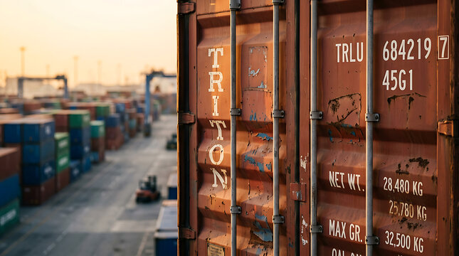 Rusty shipping container at industrial port yard.