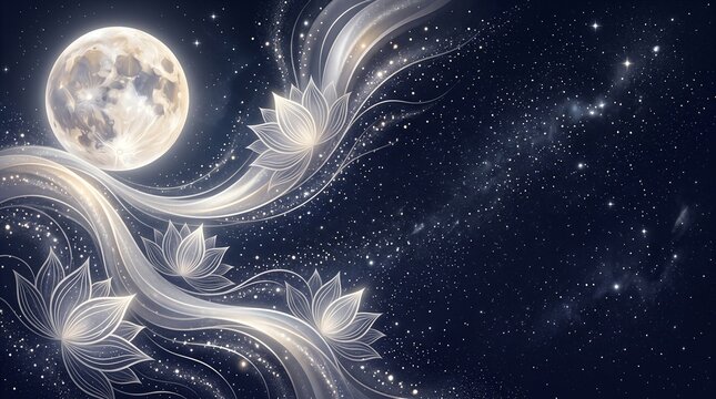 Sharad Purnima Abstract Background with Luminous Moon Textures, Silver Gradients, Celestial Particles, and Lotus Petal Motifs in a Glowing Night Sky