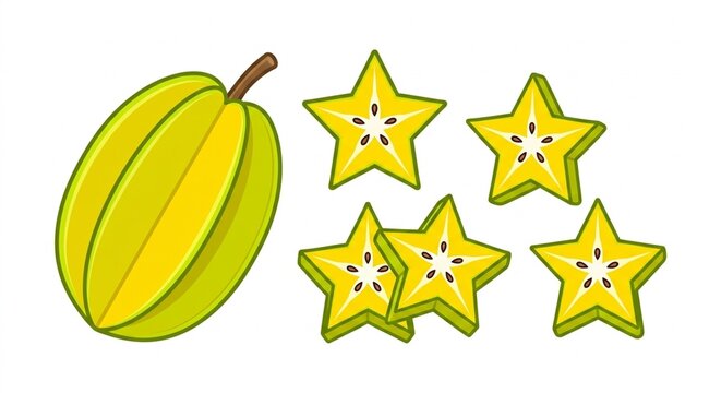 Starfruit sits beside several perfectly sliced star-shaped pieces showcasing a bright yellow waxy skin and firm texture.