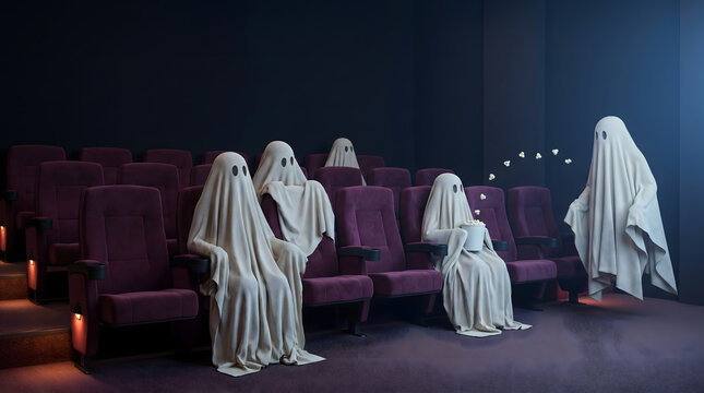 Ghostly figures in an empty movie theater creating eerie atmosphere