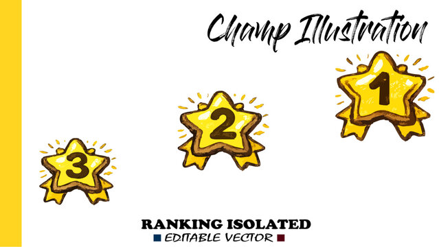Set of three dynamic golden burst-shaped ranking badges featuring numbers one, two, and three, with sparkling accents for achievement, winner, competition, championship, prize, and leaderboard designs