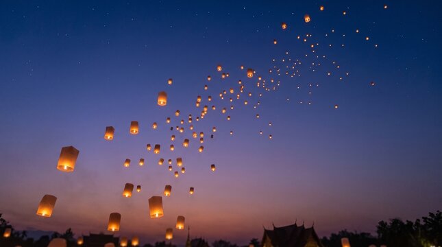 Magical Yi Peng Lantern Festival Background with Illuminated Paper Lanterns Floating into a Starry Night Sky, Peaceful Spiritual Atmosphere and Soft Gradient