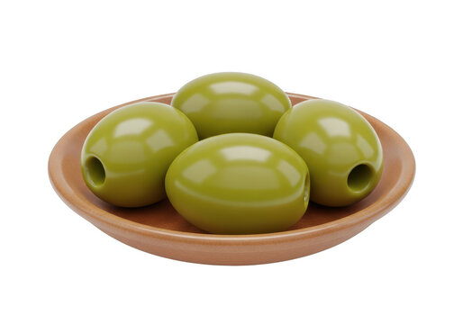 3d icon of a small wooden bowl filled with four green olives, isolated on transparent background