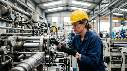 Fototapeta premium Female worker in hard hat inspecting complex machinery in a factory.