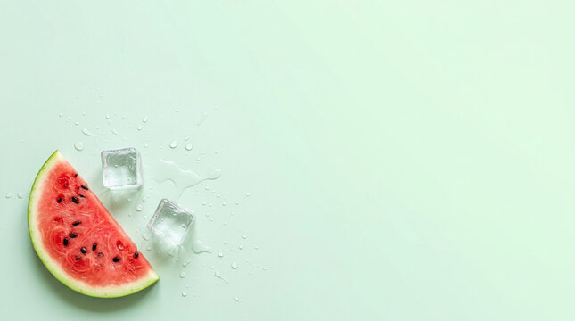 Refreshing slice of watermelon with ice cubes and water splashes on a light green background, summer concept