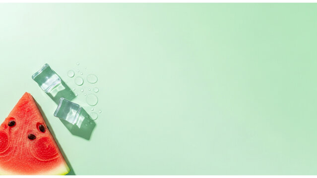 Refreshing watermelon slice and skincare samples with water splashes on a pastel green background, summer freshness