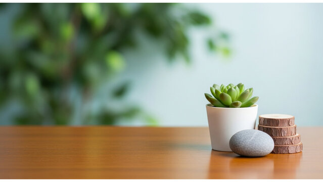 Serene minimalist composition with a succulent plant, smooth stone, and wood slices on a wooden table with blurred green foliage background
