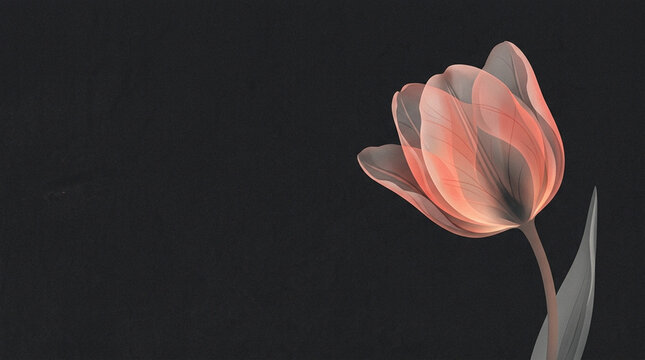 Delicate translucent tulip flower with glowing coral hues against a dark textured background, elegant floral art