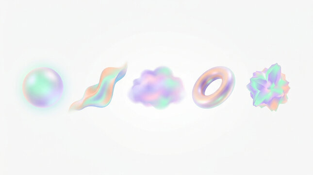 Abstract holographic 3D shapes with soft pastel iridescent colors on a white background