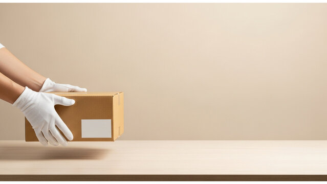 Hygienic delivery service: Hands in white gloves carefully placing a blank cardboard box on a wooden surface with copy space for safe shipping.