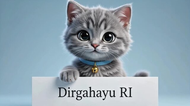 Cute Black Kitten Holding Dirgahayu RI Sign Indonesia Celebration 4K