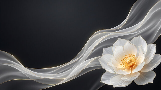 Elegant white lotus flower with golden center and flowing ethereal waves on a dark background, symbolizing purity, luxury, and tranquility.