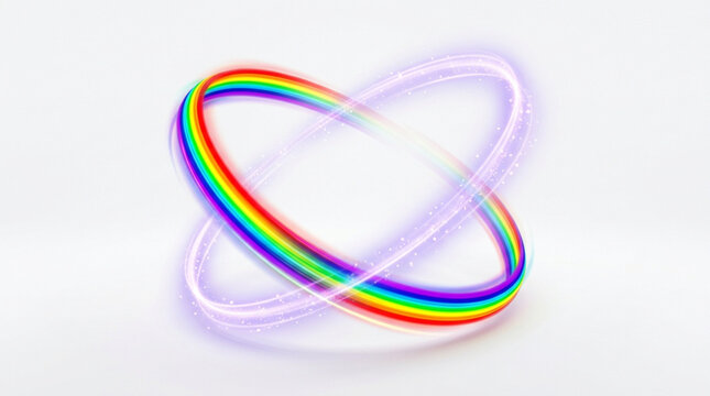Vibrant rainbow spectrum ring gracefully intertwined with an ethereal glowing light trail, symbolizing connection, energy, and diversity on a clean white background.