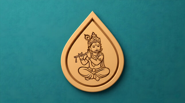 Golden Bal Krishna playing flute vector icon on teal background for Janmashtami festival