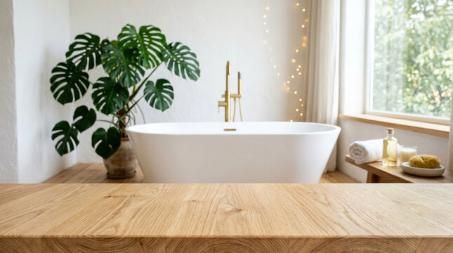 Modern minimalist bathroom interior with elegant freestanding bathtub, large Monstera plant, natural light from window, and empty wooden counter for product display.