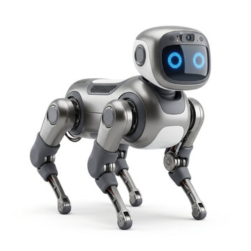 Futuristic robotic dog with glowing blue eyes, metallic silver cybernetic pet, advanced artificial intelligence companion on white background