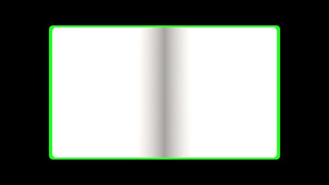 4k 3D Flipping page curl, turn, book opening transition animation being flipped over, green screen.