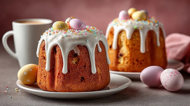 Ukrainian paska Easter bread with icing sprinkles and candy eggs on plate, pastel eggs and espresso cup, pink background, studio lighting, rich crumb texture, festive traditional dessert concept