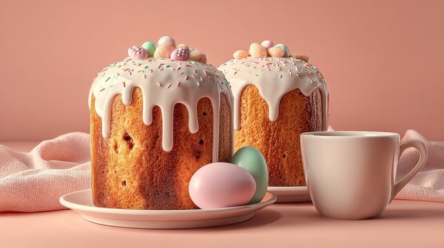 Ukrainian paska Easter bread with icing sprinkles and candy eggs on plate, pastel eggs and espresso cup, pink background, studio lighting, rich crumb texture, festive traditional dessert concept