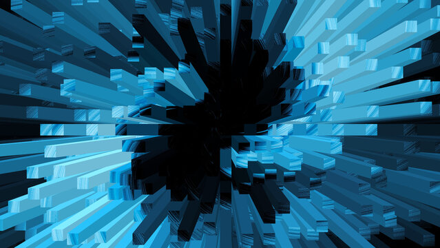 Abstract background featuring a dynamic explosion of blue and black 3d geometric rectangular blocks