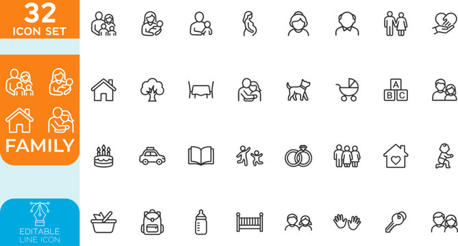 Family line editable Vector illustration icon set. Contain icons related to parenthood, grandparents, children, adoption, and more. on transparent background.