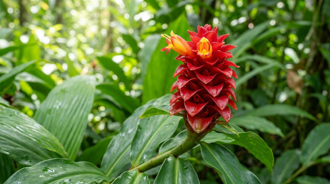 Vibrant Red Ginger Flower in Lush Tropical Rainforest