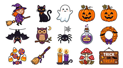 Fototapeta premium Halloween icons featuring a witch, black cat, ghost, jack-o'-lanterns, bat, owl, spider, magic potion, and trick or treat sign are arranged in a grid.
