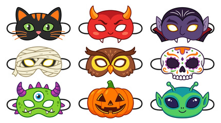 Halloween masquerade masks displaying a variety of spooky characters are ready for children to wear at parties.