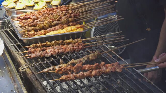 Chicken satay and pork satay (sate) at night food market