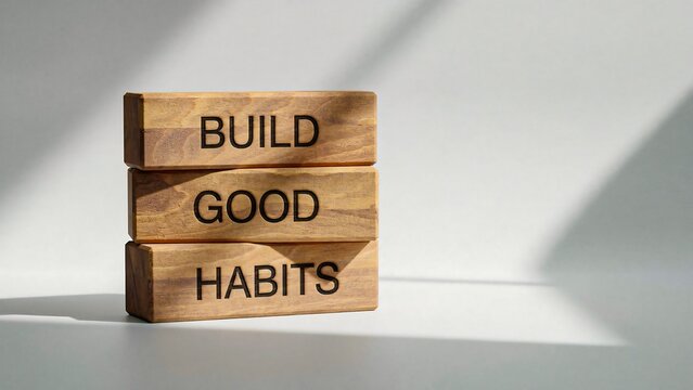 Build good habits concept with wooden blocks arranged on a minimalist desk
