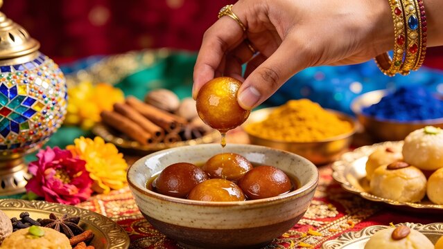 Person Eating Golden Brown Gulab Jamun from Ceramic Bowl with Rich Jewel-Toned Background