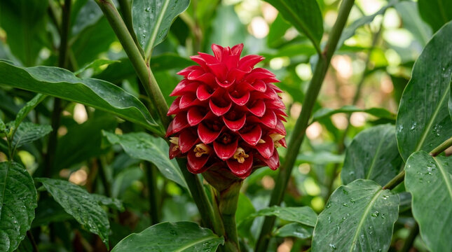 Vibrant Red Spiral Ginger Flower Bloom amidst Lush Green Foliage