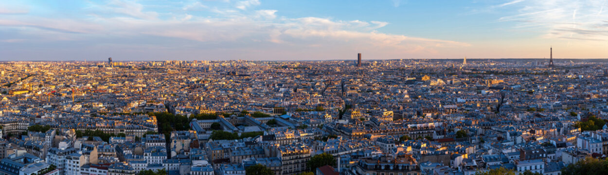 Panoramic aerial view of Paris city skyline and landmarks, France
