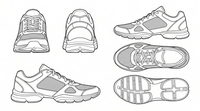 Running Shoe Technical Drawing Set with Multiple Views Front Back Side Top and Bottom Sneaker Outline Vector Template