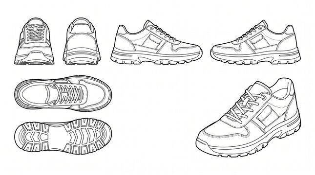 Sneaker technical drawing set with multiple angles, black and white line art vector illustration for footwear design mockup.